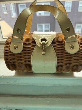 Wicker Barrel Handbag with Cream Patent Trim